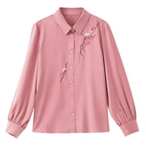 Women's Shirt Blouses for Women Solid Embroidered Long Sleeve Top Woman Polo Neck Clothing Female Button Up Basic