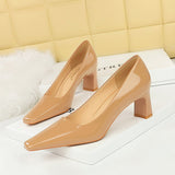 Zingj Fashion Simple High With Thick With Shallow Square Head Bright Patent Leather Commuting Versatile Women's Shoes Single