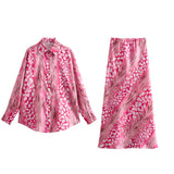 Spring Style Silk Satin Loose Shirt Printed Flute Skirt