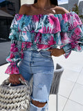 Zingj Burst Autumn Sexy Fashion One-Word Collar Off-The-Shoulder Print Shirt