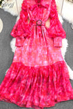Autumn Rose Red/Green Tie Dye Print Party Long Dress Elegant Bow Collar Lantern Sleeve High Waist Ruffle Hem Vestidos