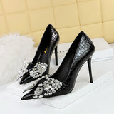 Zingj Korean Version Of Fashion Banquet High Heels Fine Heel Super High Heel Shallow Mouth Pointed Water Diamond Bow Single Shoe