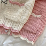 Korean Style Contrast Kintted Cardigan Women V-neck Heart Button-up Loose Oversized Sweater Coat Simple Casual