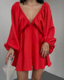 New V-Necked Long-Sleeved Dress Independent Design Bubble Sleeve