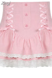 Lolita Style Sweet Pink Lace Trim High Waist Mini Skirt Women Harajuku Korean Tie Up Pleated Skirt Double Layer