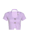 Sweet Cute Crop Top Pullovers Summer Short Sleeve Vintage Streetwear T Shirt Women Skin Button Prepply Korean E-girl