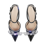 Onlymaker Women Pointed Toe Elegant Sandals Crystal Butterfly-knot Ankle Strap Buckle Thin High Heels Wedding Party Dress