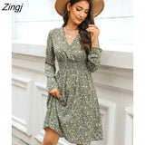 Ditsy Floral Smocked A-Line Midi Dress For Woman Sexy V-neck Long Sleeve Party Dress 2023 Spring Autumn Female