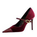 Zingj Banquet High Heels Fine Heel Shallow Pointed Top Xishi Suede Stitching Pointed Metal Buckle One Word Strip Single