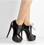 Onlymaker Women's Black Red Platform Ankle Boots High Heels Lace Up Patent leather Stiletto Sexy Lady Fashion Sexy