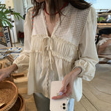 Vintage V-Neck Mesh Tie Bow Long Sleeve BlouseOutfit
