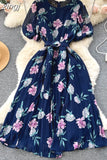 Bohemian Women Floral Print Pleated Midi Dress Elegant Round Neck Puff Sleeve High Waist A-Line Draped Beach Vestidos