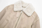 Beige Fur Lining Turn-Down Collar Biker Jacket- Outfit