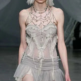 Zingj Mesh Perspective Design Slim Chest Condole Shirt 2023 New Pure Desire Gray Vest Without Bead