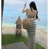 Zingj Fringed Black And White Striped Knit Strapless Vest Women's Spring 2023 New Skirt