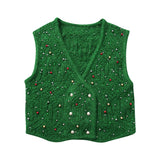 Spring New Artificial Pearl Inlaid Double-Breasted Knitted Vest