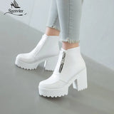 Sgesvier Black White Platform Ankle Boots for Women High Heels Boots Ladies Zip Autumn Winter Booties Woman Boots Shoes