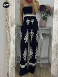 Contrasting Colors Printed Strapless Women Jumpersuit Elegant Off Shoulder Backless Wide Leg Jumersuits Lady