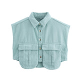 Women's Solid Color Big Pocket Sleeveless High Sense Cardigan Polo Collared Shirt Denim Top