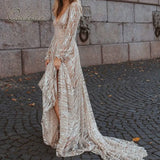 2022 Summer Women Maxi Party Dress Long Sleeve See Through Sexy Transparent Silver Sequin Mesh Long