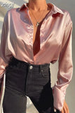 Satin Long Sleeve Blouses Women 2023 Autumn Vintage Blue Green Silk Shirt Women Casual Loose Button Up Street