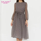 Elegant Dot Print Long Sleeve Polka Dress O Neck Chiffon A Line Women Casual Dress Vintage Midi Vestidos