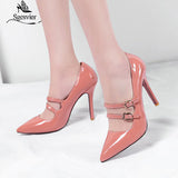SGESVIER Fashion Pointed Toe Solid High Heel Shoes Nightclub Women's Pumps Thin Heel Buckle Wedding Party Shoes Size 30-47