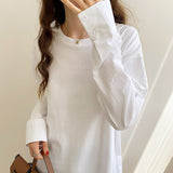 Spring And Autumn Dress New Loose White Bottomed Shirt For Women With Medium-Long Cotton Long-Sleeved T-Shirt