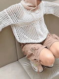 Cross Pattern Crochet Hollow Long Sleeve Knit Top-Outfit