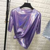summer retro style stylish bright silk woman tops shiny loose short sleeve t-shirt sexy club aesthetic harajuku women