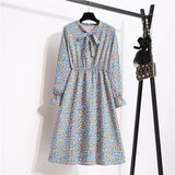Summer Dress Women Lady Korean Style Vintage Floral Printed Cotton-Chiffon Shirt Dress Long Sleeve Bow Midi Dress