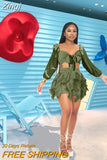 Women's Solid Color Casual Two Piece Set Sexy Deep V-Neck Long Sleeve Bandage Crop Top + Bodycon Shorts Party