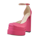 Onlymaker Square Toe Sandals Platform Thick High Heels Solid Mixed Colors Crystal Buckle Stain Sandals Graceful Women