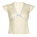 Zingj Rural Girl Wind Fresh Lace Floral T-Shirt V-Neck Show Chest Bow Patchwork Mesh