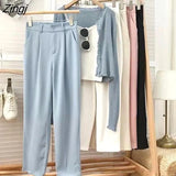 Pants Women Button Fashion Cozy Ulzzang Solid Ankle Length Straight Female Trouser High Waist Street Style Spring