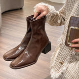 Zingj Brown Square Head Thick Heel Short Boots Women's Spring And Autumn Single Boots 2024 New Rear Zipper Martin Boots Women's