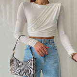 Solid Color Women Wrinkled Style Summer Crop Tops Female Long Sleeve T-shirt New Chic Club