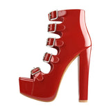 Onlymaker Women's Platform Buckle Belts Chunky 15~16cm Round Heel Peep Toe Black and Red Fashion Zipper Sandals For