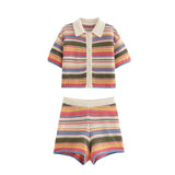Women's 2025 New Crochet POLO Shirt Collar Striped Crochet Shorts