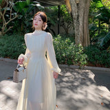 French Chiffon Midi Dresses for Women Elegant Long Sleeve Slim Ruffle Dress Gentle Fairy Clothes Sweet Puffy Short