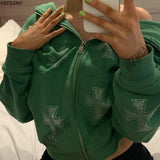 rhinestone graphics Oversized Hoodies Female Zip Up Long Sleeve Women's Sweatshirt Y2K Aesthetic Winter Grunge