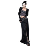 Zingj Summer New Women's Leather Buckle Print Chest Wrapped Small Vest Belt Slit Skirt-Outfit
