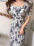 Elegant Women Print Puff Sleeve Prom Dress Lady One Piece Casual A-Line Maxi Vestdios Female Pleated