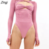 Diamonds Cut Out Ruched Bodysuit Women Shirring Long Sleeve Solid Folds Romper Slim Sexy Bottoming Top Bodys