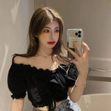 Sexy off Shoulder Crop Top Ruffles White Shirt Women Puff Sleeve Harajuku Tee Shirt Chiffon Blouse Fashion Lace
