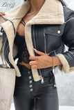 Women Winter Faux Leather Jacket Long Sleeve Lapel Fleece Linen Coat Zip Up Motorcycle Jacket Warm Sherpa Coat