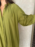 Loose Solid Single Breasted Maxi Dress For Women Elegant V Neck Long Sleeved Dresses 2024 New Fashion Female Commute