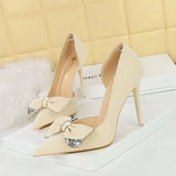 Zingj Korean Version Of Fashion High Heels With Super High Heel Shallow Mouth Tip Side Hollow Water Diamond Bow Single