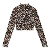 High Neck Leopard Print Fitted Pullovers Long Sleeve Tee Shirt Autumn Casual Women