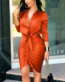 V-neck Lace-up Solid Color Long Sleeve